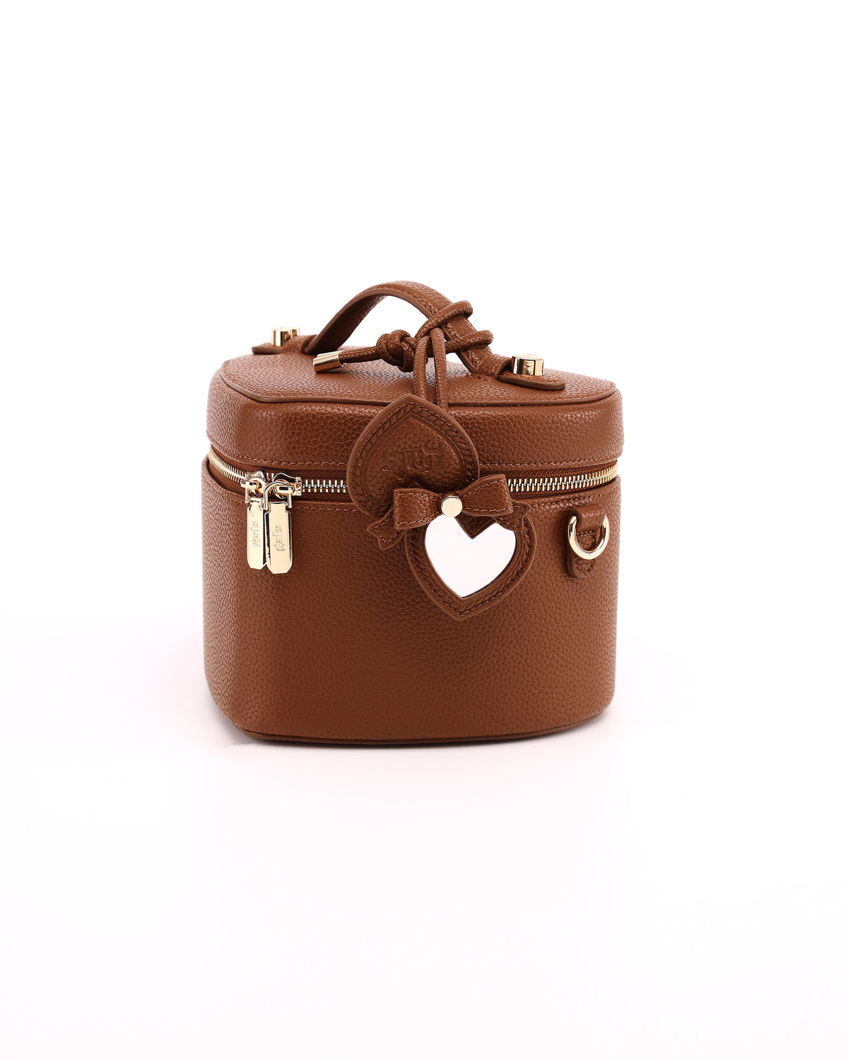 GALS Mini Lovette Mirror Tag in Mocha opened to show the mirror while attached to a coordinating Lovette vanity case