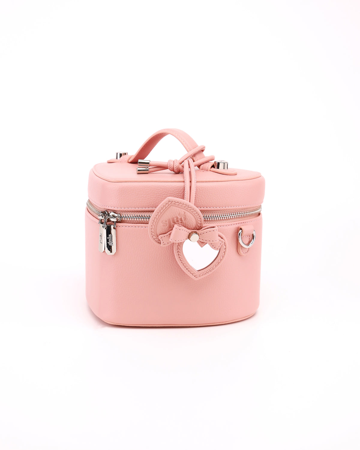 GALS Mini Lovette Mirror Tag in Blush Pink opened to show the mirror while attached to a coordinating Lovette vanity case