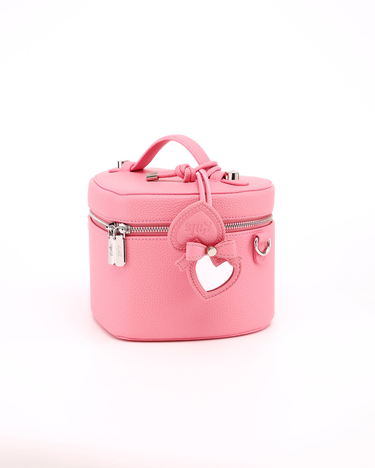 GALS Mini Lovette Mirror Tag in Petal Pink opened to show the mirror while attached to a coordinating Lovette vanity case