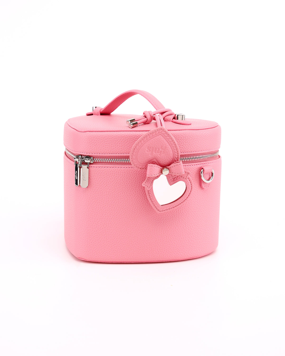 Open GALS Lovette Petal Pink heart mirror tag showing the mirror on a matching vanity case