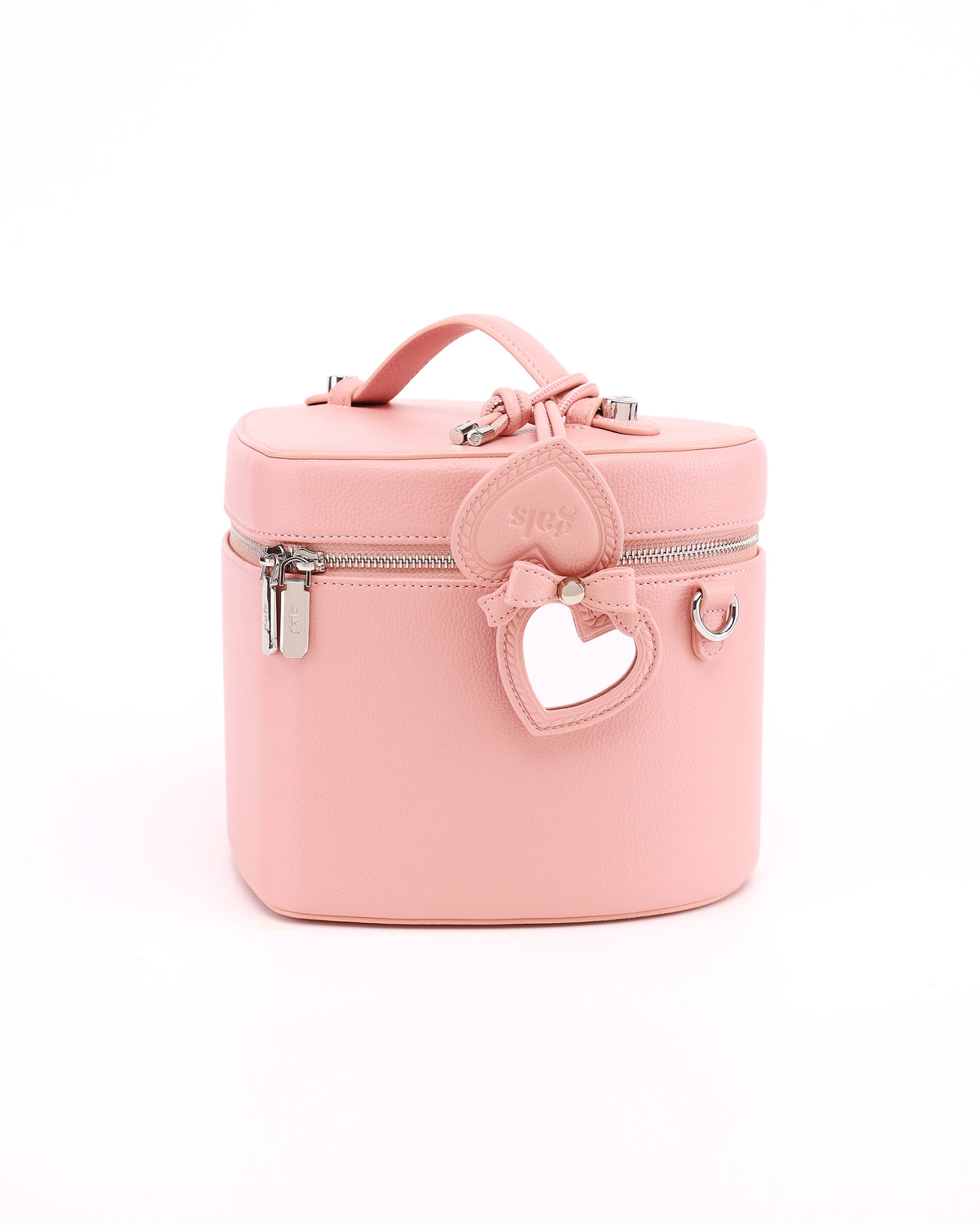 GALS Lovette Mirror Tag Large in Blush Pink opened to show the mirror while attached to a coordinating Lovette vanity case