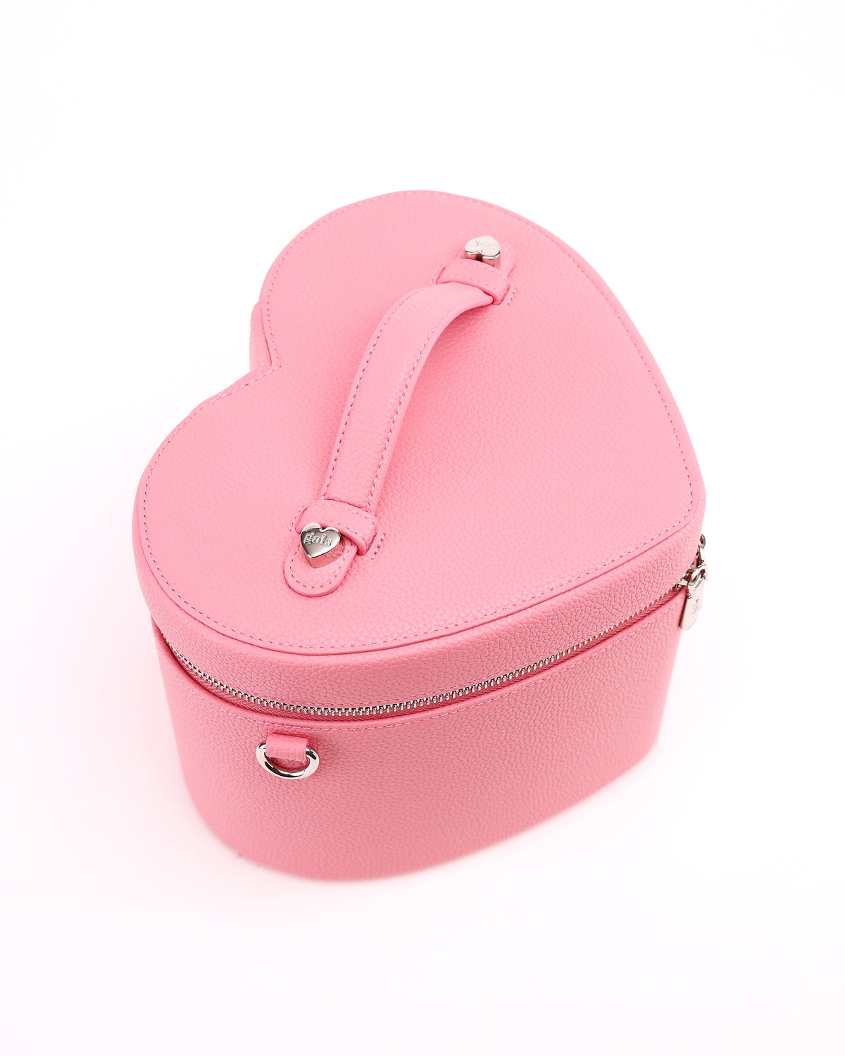 Top view of GALS Lovette Petal Pink vanity case showing its heart-shaped lid and carry handle
