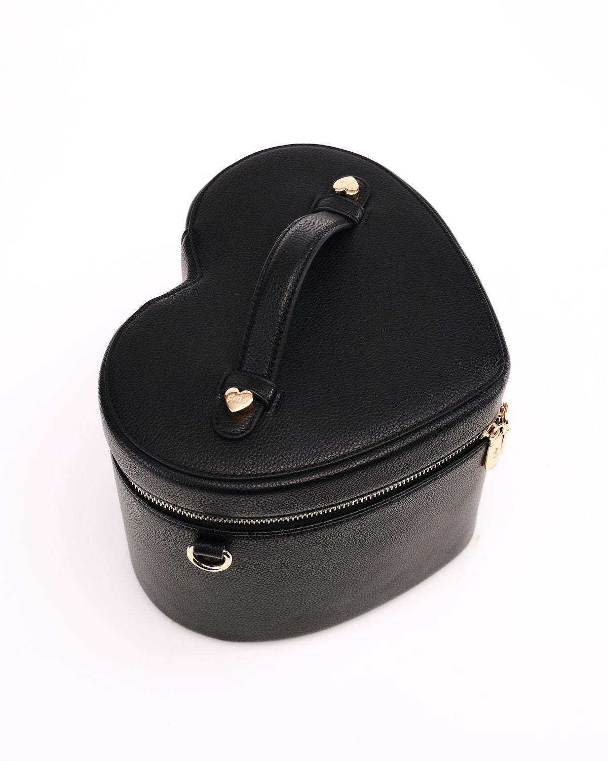 Top view of the heart-shaped lid and handle on GALS Mini Lovette Vanity Case in Onyx