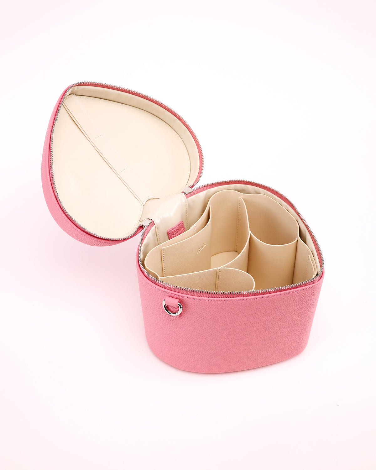Open GALS Lovette Vanity Large in Petal Pink showing cream organiser compartments