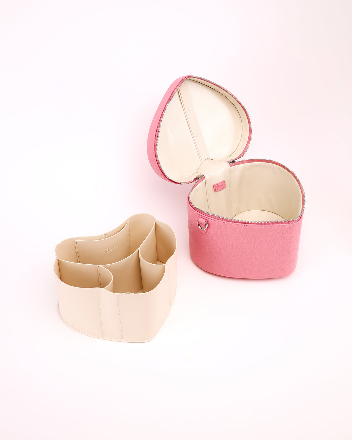 GALS Lovette Petal Pink vanity case with its cream organiser removed and placed beside the open case