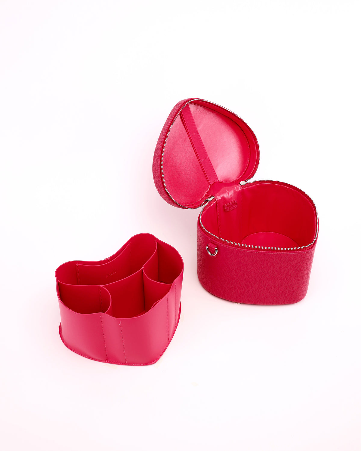 Open GALS Lovette Vanity Case Large in Berry Pink with its removable organiser placed beside the case