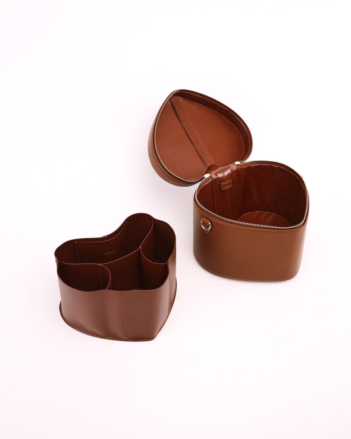 Open GALS Lovette Vanity Case Large in Mocha with its removable organiser placed beside the case