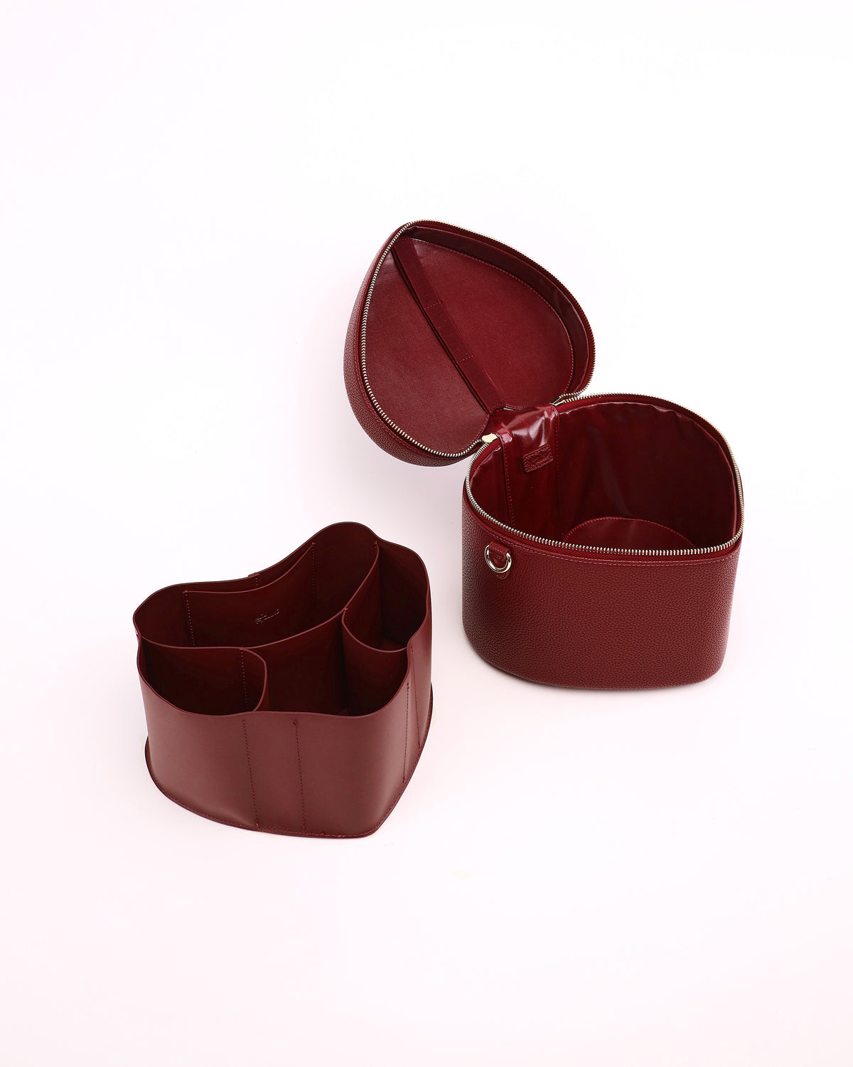 Open GALS Lovette Vanity Case Large in Mulberry with its removable organiser placed beside the case