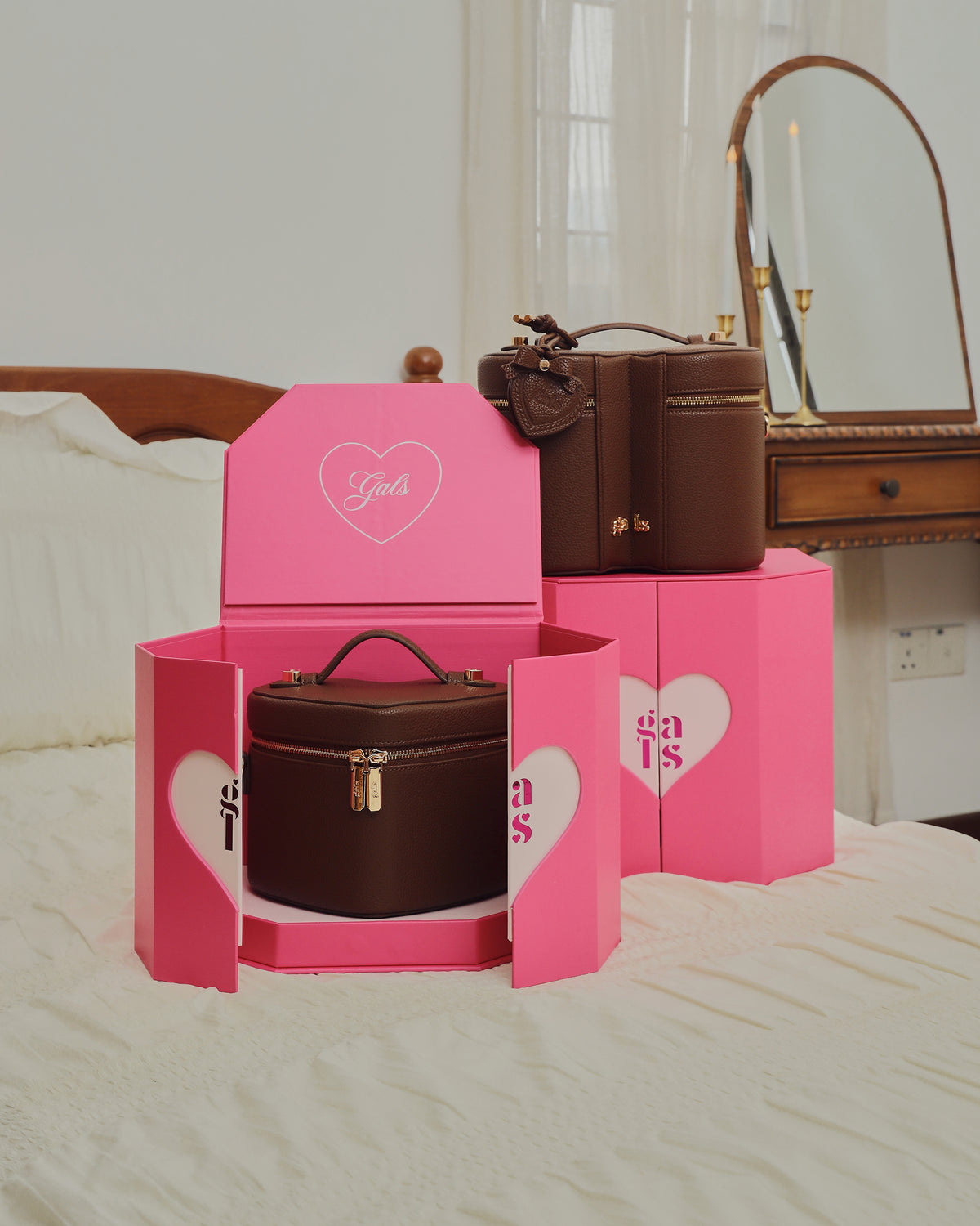 GALS Lovette Vanity Case Large in Mocha styled with coordinating accessories