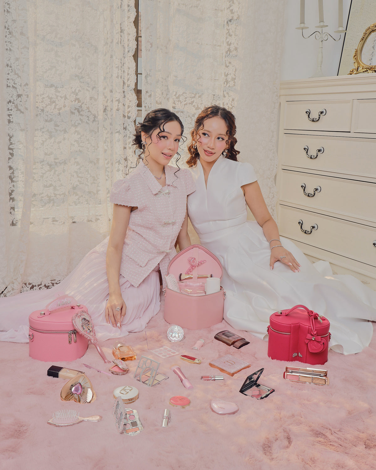 GALS Lovette vanity campaign with pink and Berry Pink vanity cases and beauty accessories