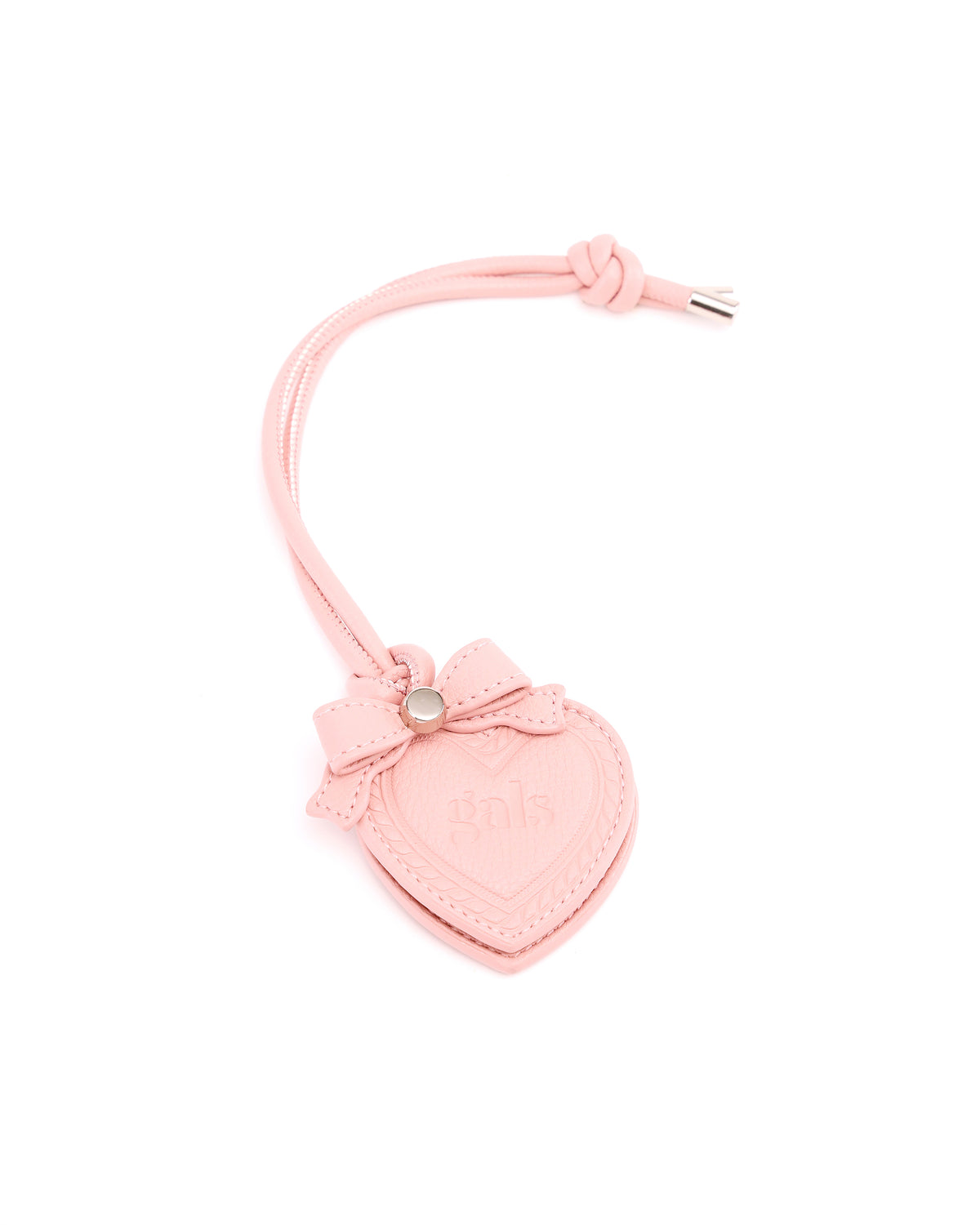 Front view of GALS Mini Lovette Mirror Tag in Blush Pink with bow detail