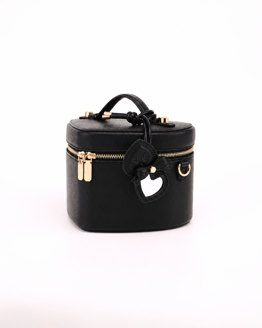 GALS Mini Lovette Mirror Tag in Onyx opened to show the mirror while attached to a coordinating Lovette vanity case