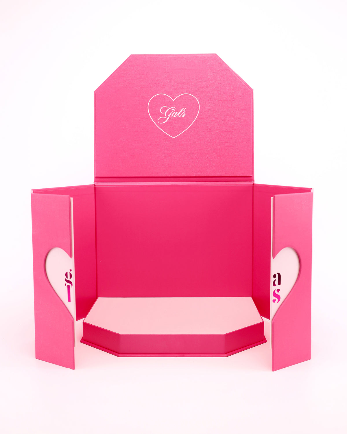 Empty open pink GALS Lovette Vanity Large presentation box with heart panels and GALS branding