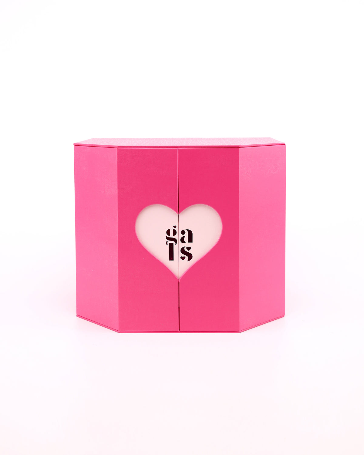 Closed pink GALS Lovette Vanity Large presentation box with heart-shaped logo panel