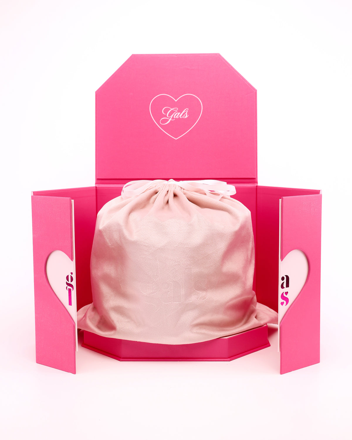 Open pink GALS Lovette Vanity Large presentation box containing a pale pink drawstring pouch