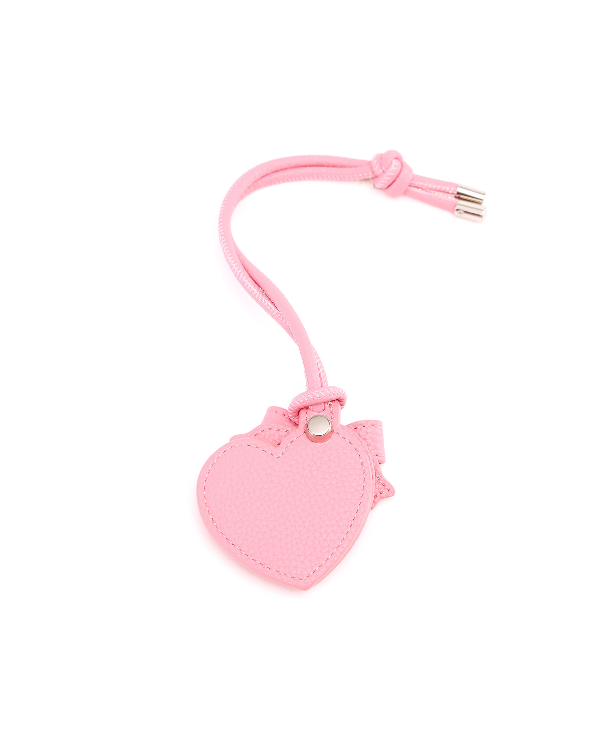 Back of GALS Lovette Petal Pink mirror tag showing heart-shaped stitching and strap attachment