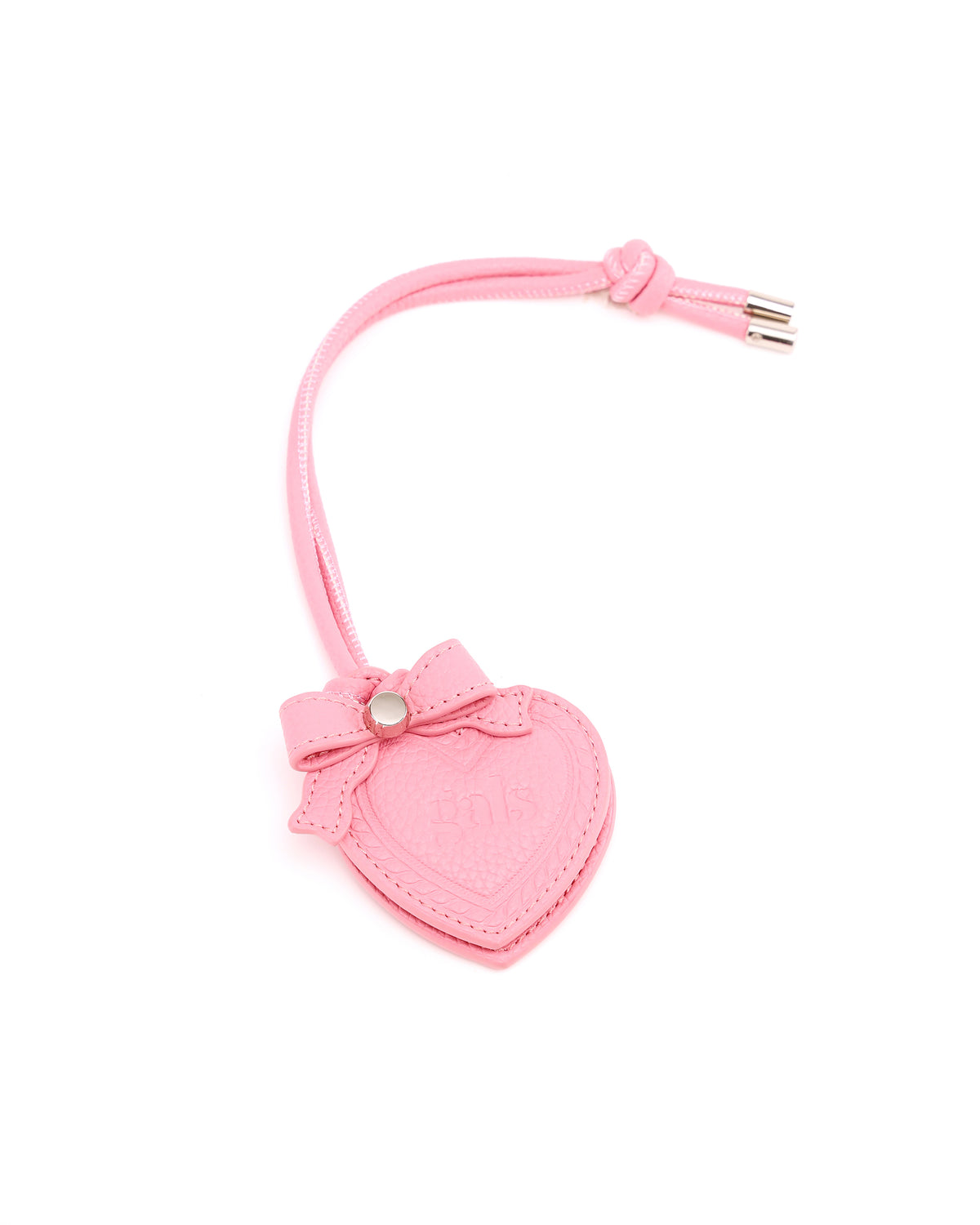 Closed GALS Lovette Petal Pink heart-shaped mirror tag with bow and matching loop strap