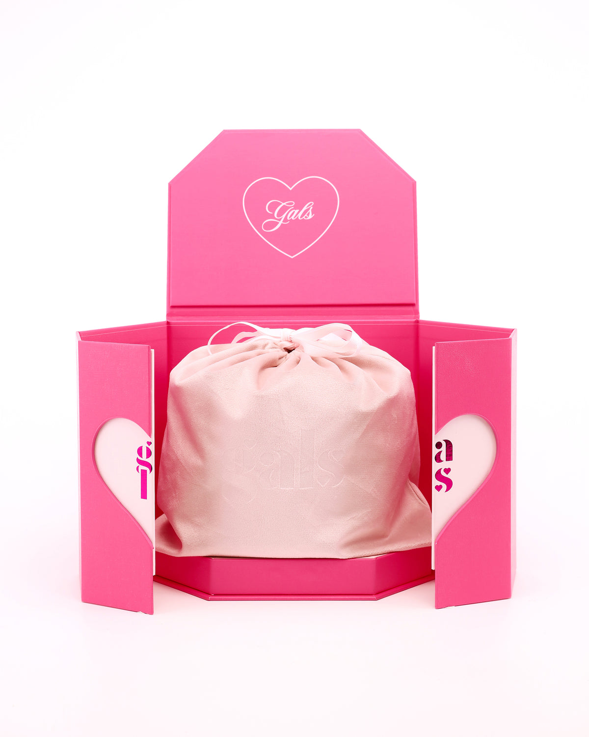 Open pink presentation box containing a drawstring pouch for GALS Mini Lovette Vanity Case